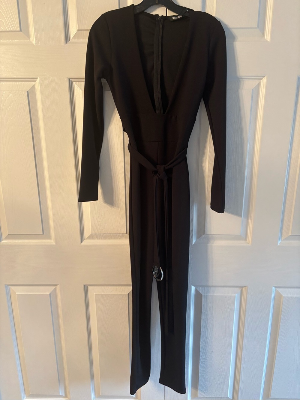 Missguided Black Long-Sleeve V-Neck Jumpsuit with Waist Tie Belt